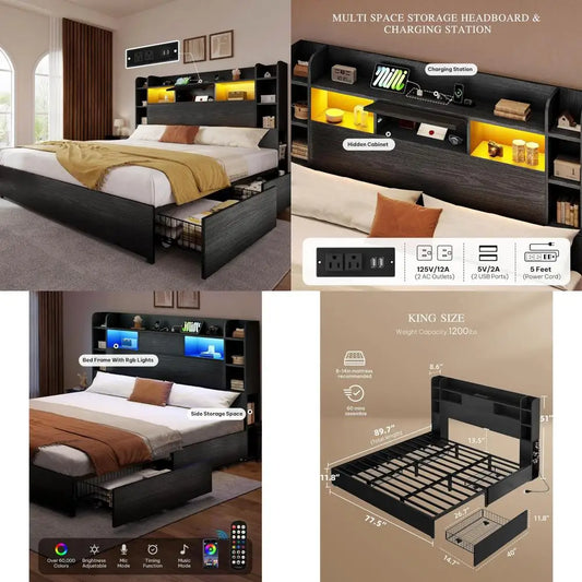 "yitahome king size bed frame with bookcase headboard, 4 storage drawers, rgb led lighting, and type-c & usb charging station"