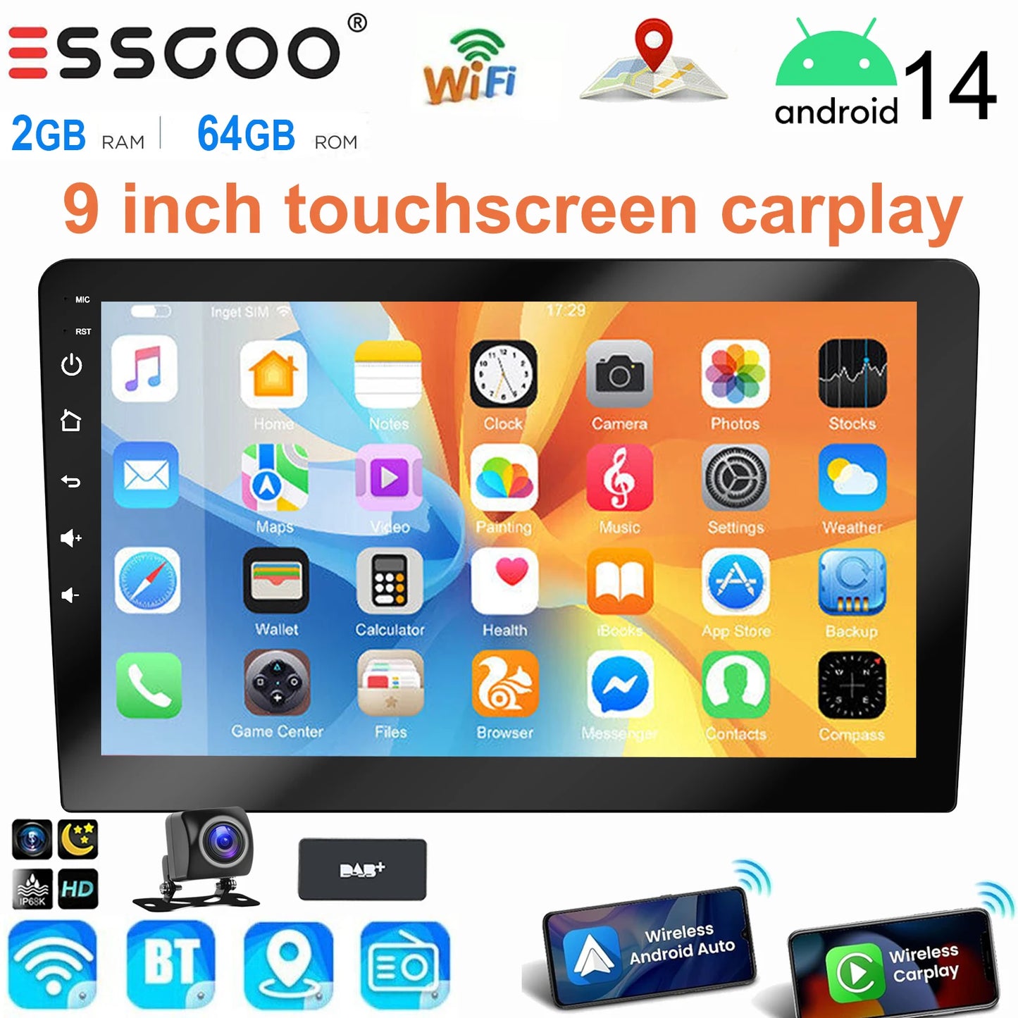 ESSGOO 9 Inch touchscreen 2 DIN Car stereo radio Android 14 Wireless Carplay Android auto play  GPS Navi WiFi FM RDS SWC BT USB