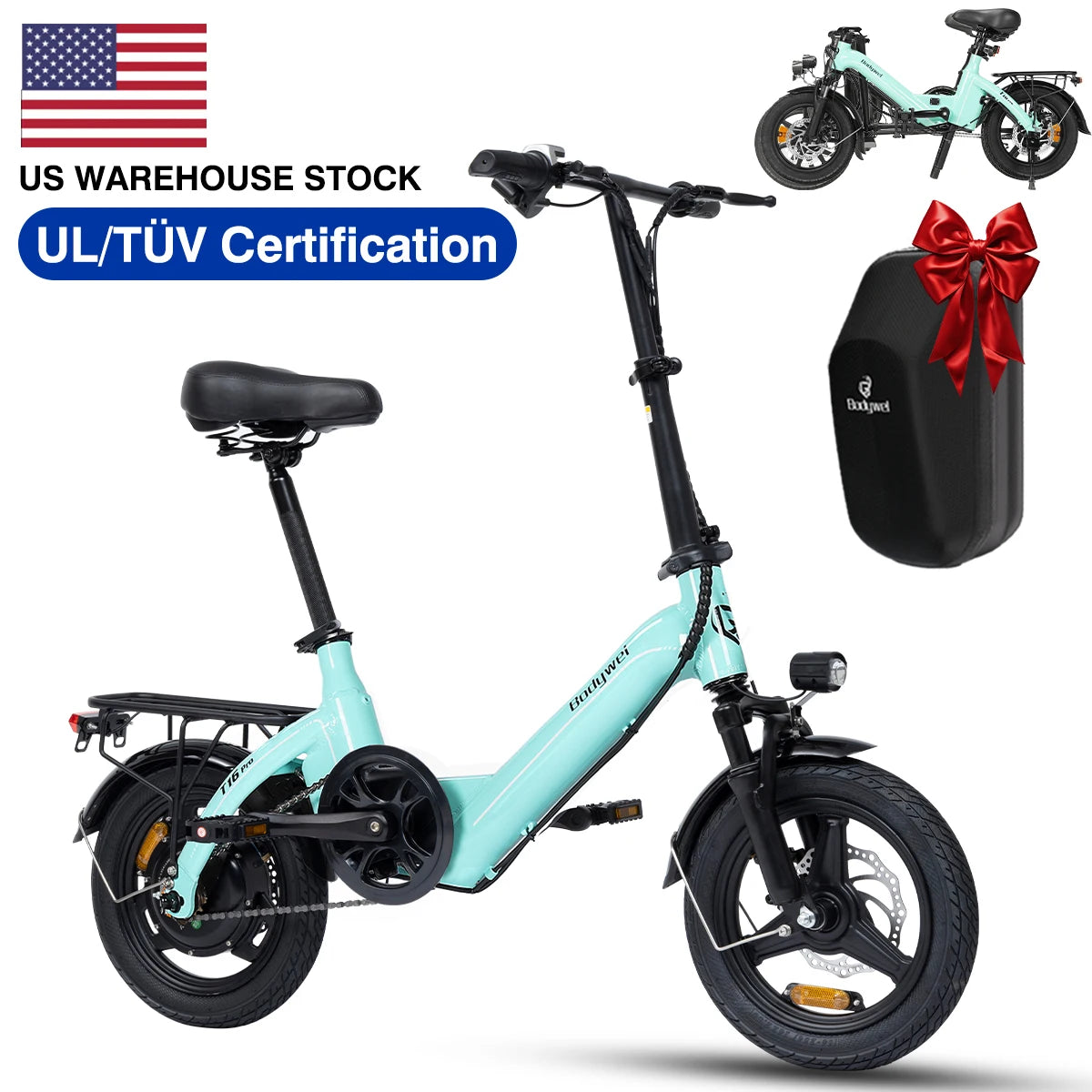 Bodywel T16PRO 14" Foldable Electric Bike 250W 36V 7.8Ah Lithium Battery Adults City E-Bike with LCD Display, Dual Disc Brakes