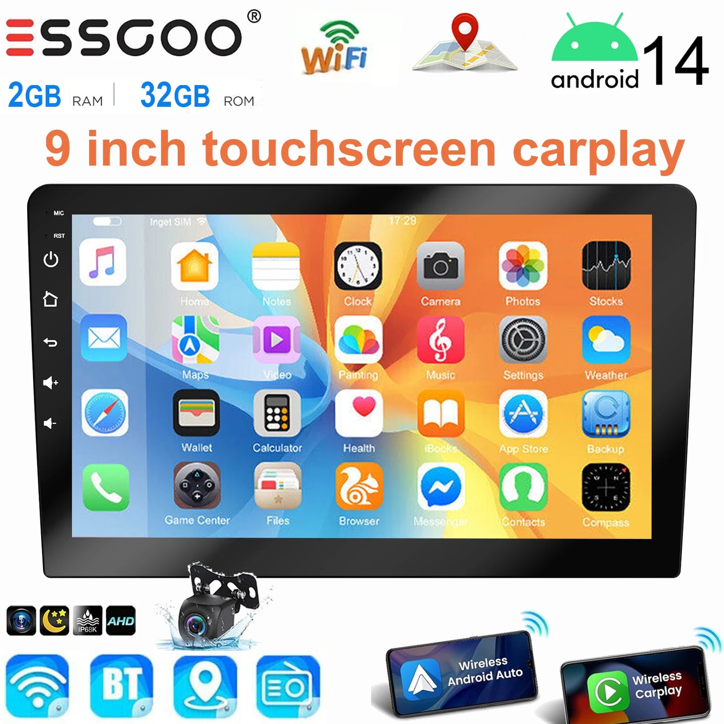ESSGOO 9 Inch touchscreen 2 DIN Car stereo radio Android 14 Wireless Carplay Android auto play  GPS Navi WiFi FM RDS SWC BT USB