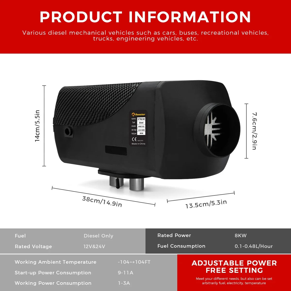 Sunster 12V 24V 8KW Diesel Air Heater Parking Heater Low noise Night Heater with LCD&Bluetooth APP Control For RV Car Truck Home