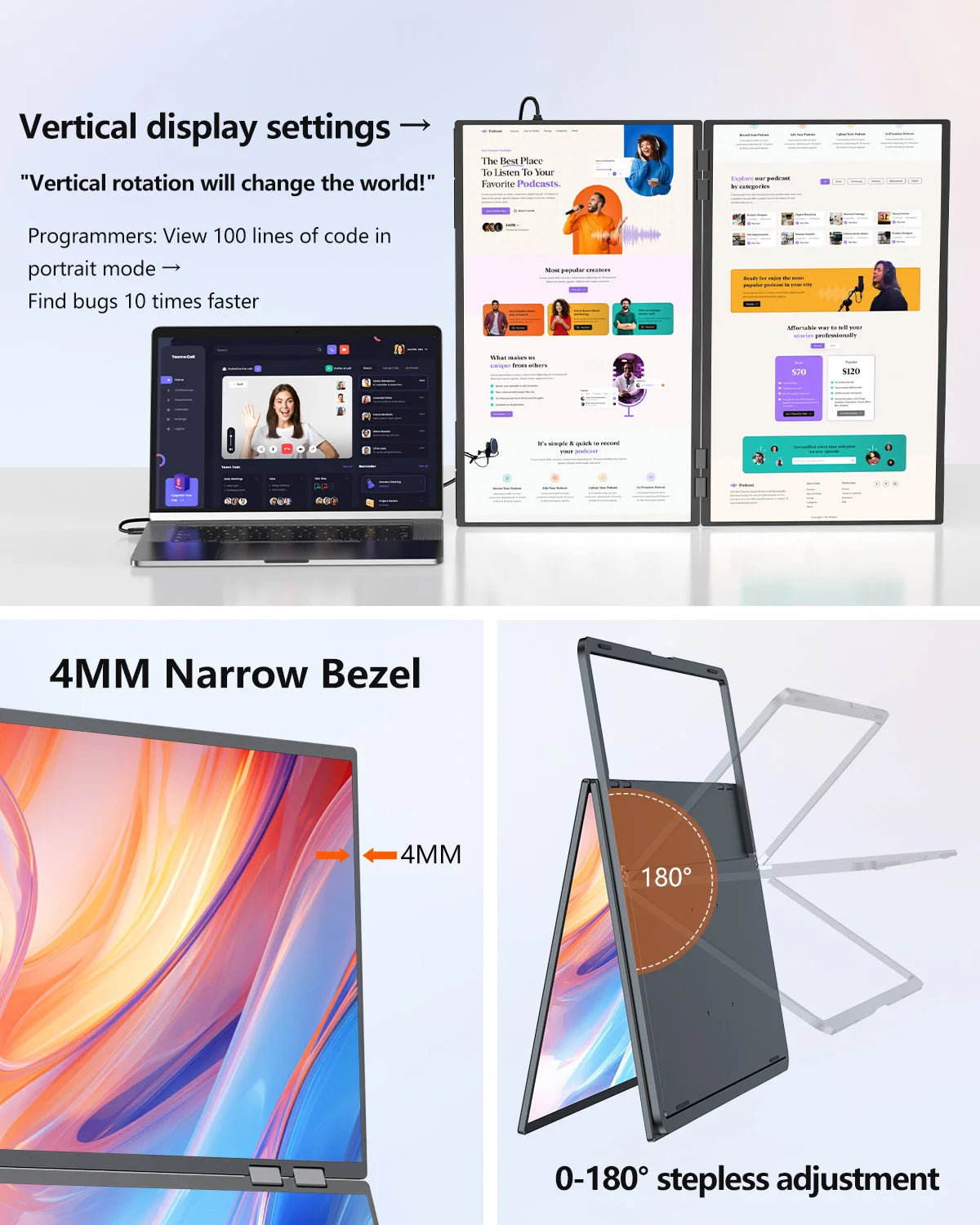 23.8" 100Hz Dual Screen Stacked Computer Monitor 1080P HDR 360° Folding Triple Portable Display for Laptop PC Phone Game Console