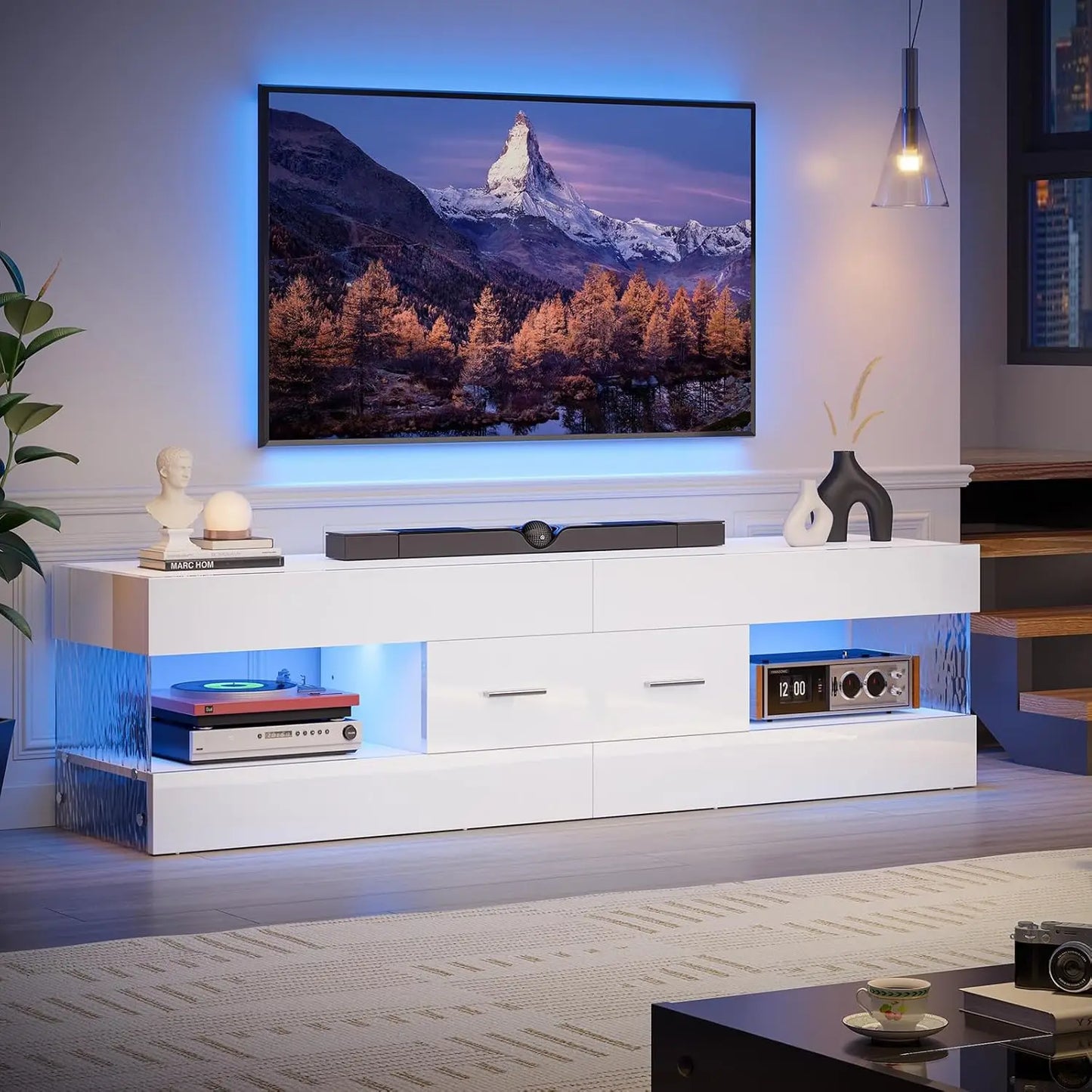 TV Stand for 55/60/65 Inch TV, High Gloss Modern TV Stand with Stone-Patterned Side Panels, LED Entertainment Center