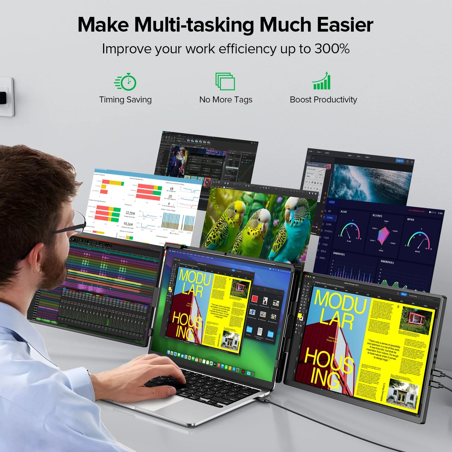 EVICIV 2K Laptop Screen Extender 14" QHD 1440P Portable Triple Monitor with 180° Automatic Rotation for Wins Mac Dex Chrome Work