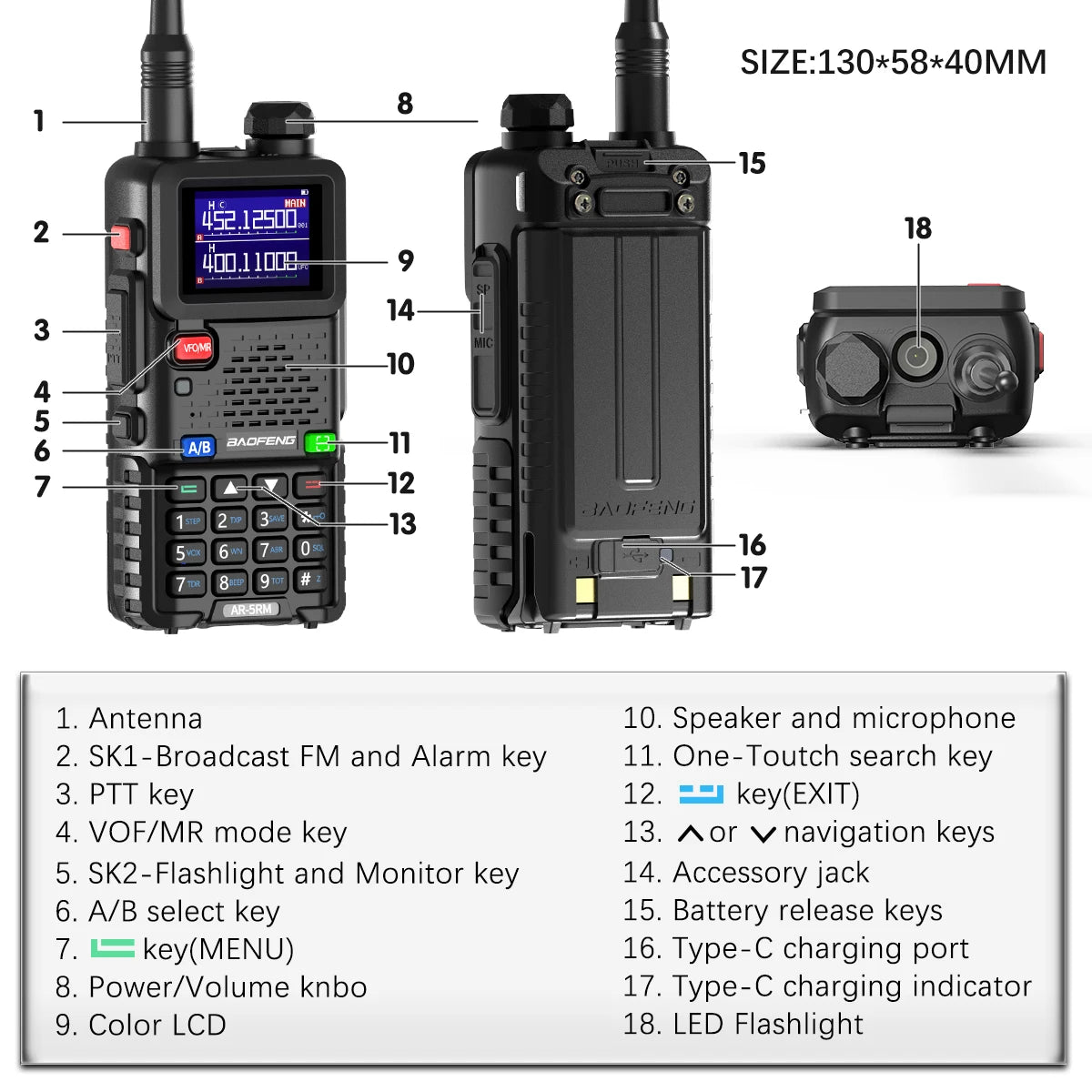 BAOFENG AR-5RM Multi Band Walkie Talkie 10W Wireless Copy Frequency Type-C Charger 999CH NOAA For UV-5R UV-5RH Ham Radio
