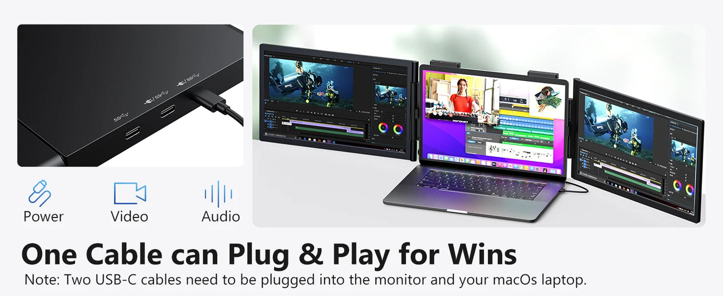 Amoudo 14 Inch 1920*1080P Dual Laptop Monitor IPS Portable Triple Monitor with USB-C Port for 14-16.5" Laptops Windows/Mac Xbox