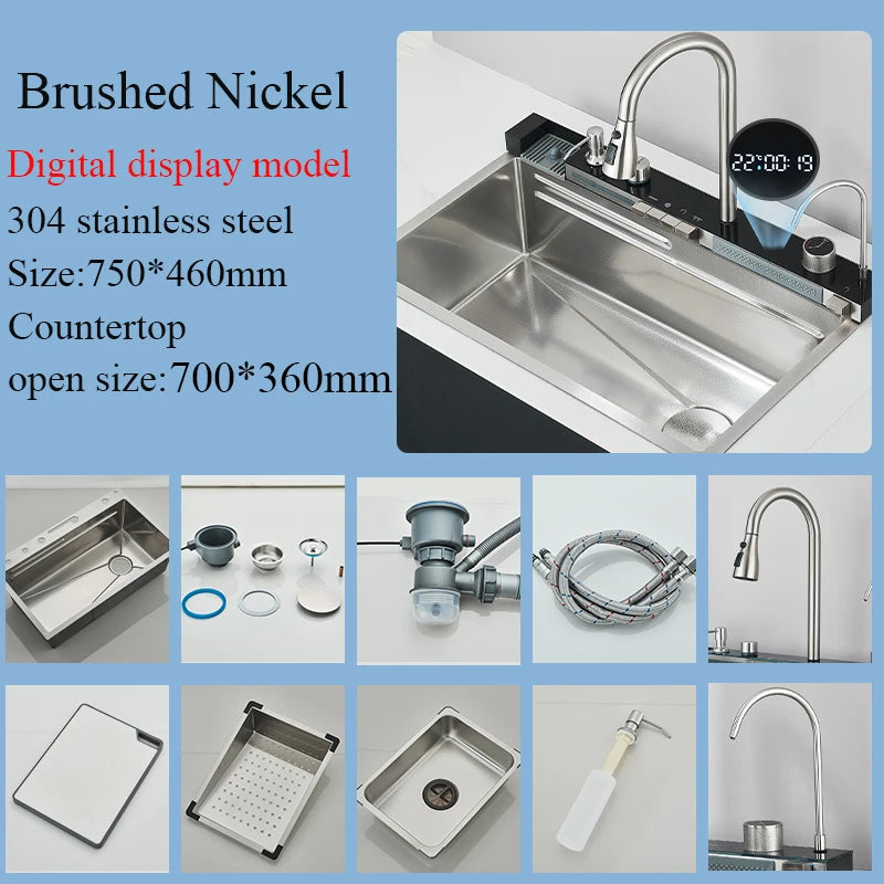 304 Stainless Steel Waterfall Kitchen Sink Large Single Slot Integrated Digital Display Faucet Set Soap Dispenser Cup Washer