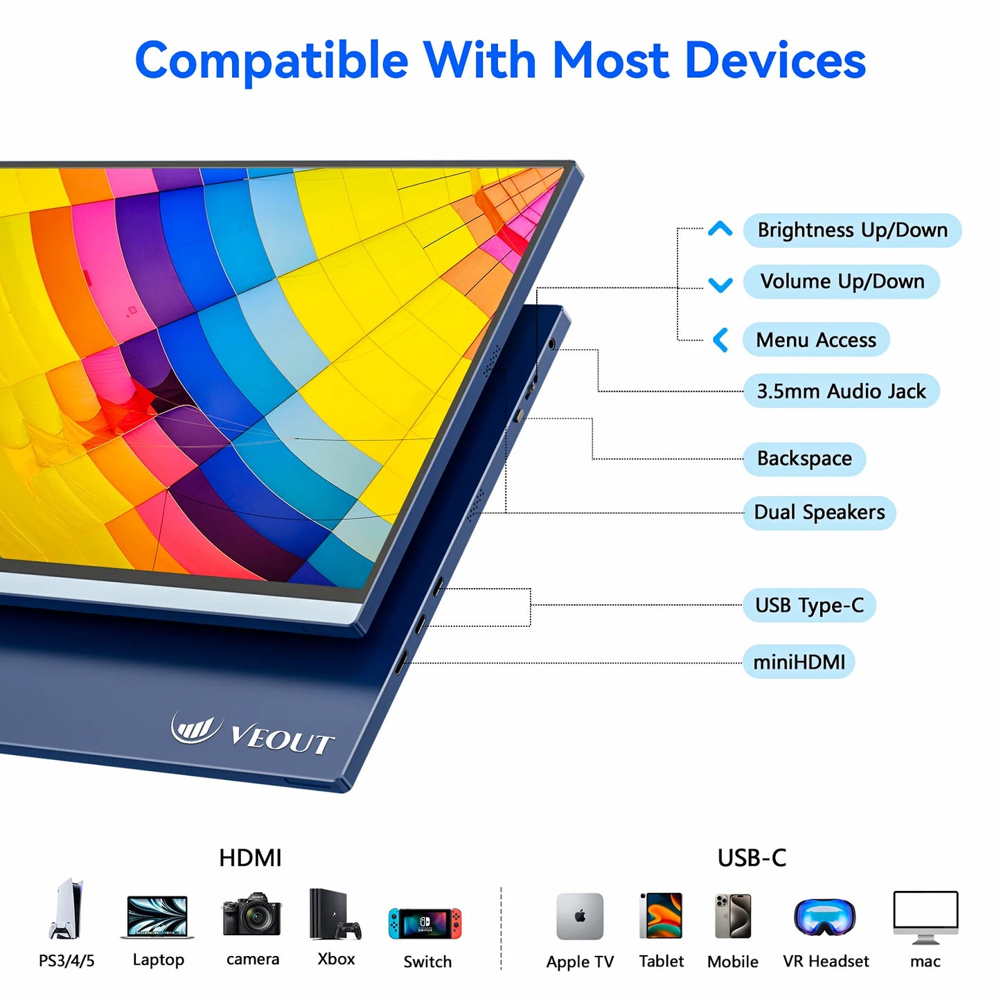 VEOUT Ultra-Portable 16inch 1920x1200 HD Monitor with Built-in Stand, HDR & Freesync, Plug-and-Play Connectivity for Smartphones