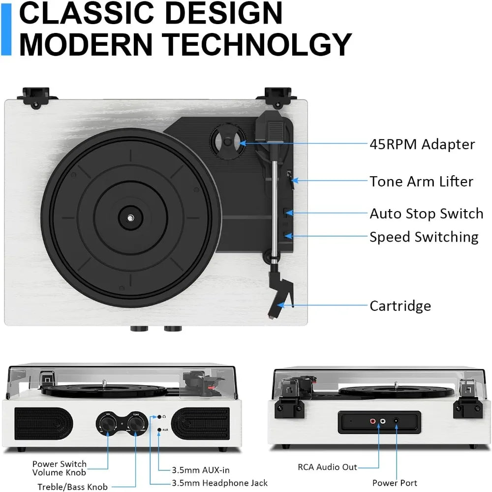 Portable Vinyl Record Player with Built-in Stereo & Bass Adjust, 3-Speed Belt-Driven, Bluetooth, RCA Out, AUX In, Headphone Jack