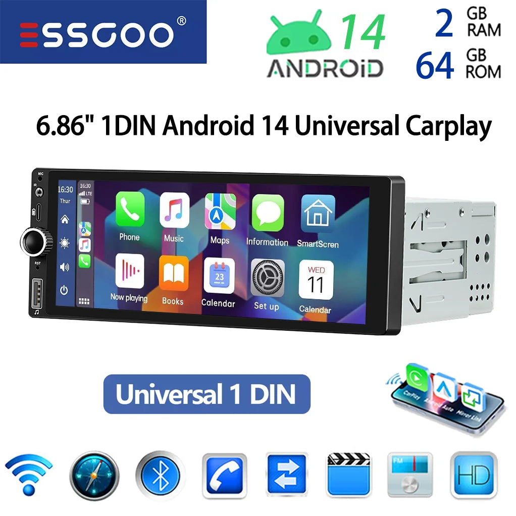 ESSGOO 6.86" Android 14 1 DIN 4+64G Car Stereo Radio Carplay Android Auto 1DIN GPS NAV Wifi BT RDS WIFI BT USB Type-C Universal