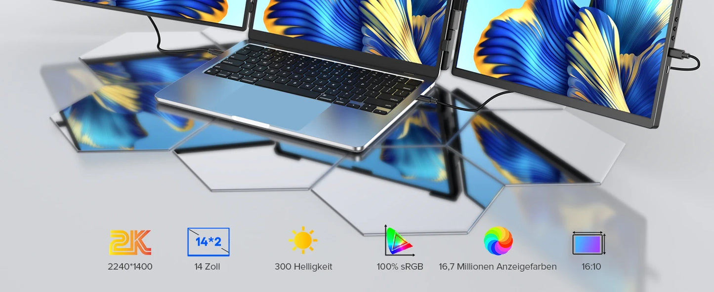 EVICIV 2K Laptop Screen Extender 14" QHD 1440P Portable Triple Monitor with 180° Automatic Rotation for Wins Mac Dex Chrome Work