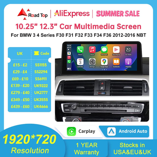 10.25'' 1920*720 Wireless Carplay Android Auto Multimedia Display For BMW 3 4 Series F30 F31 F32 F33 F34 F36 NBT Touch Screen
