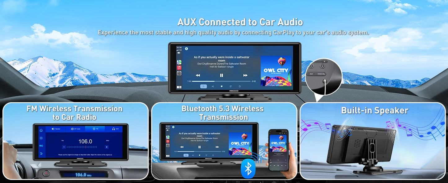 ESSGOO 10.26" portable universal car stereo Radio HD Tour screen GPS Navi WIFI Apple carplay Android auto BT MIrror link AUX FM