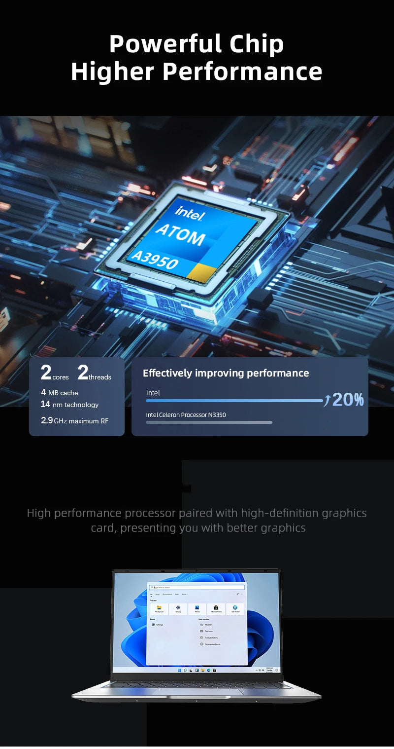 New Laptop Computer Windows 11 Pro Intel Atom A3950 2025 Notebook PC Gamer 12GB RAM 512GB 1TB SSD 1920*1080 Office Computer