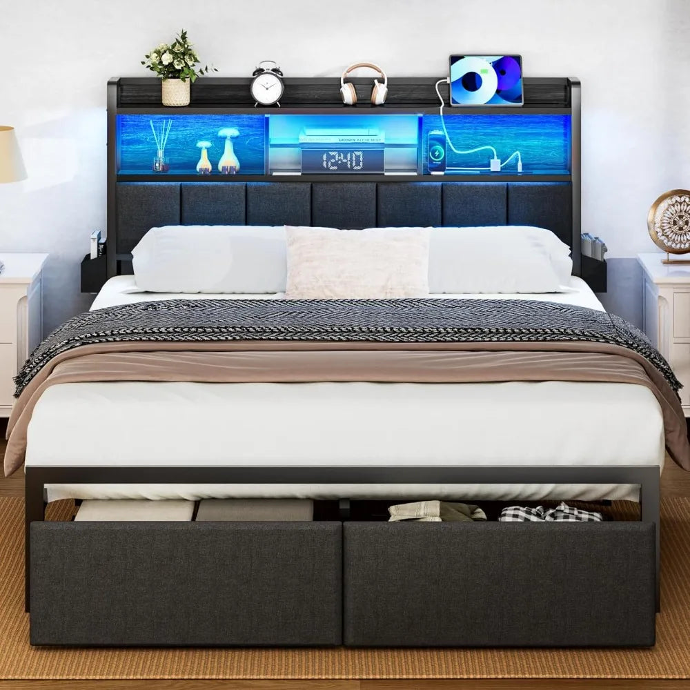 Furnulem Queen Bed Frame with Storage Drawers, Upholstered Headboard with Storage Shelf, LED Lights and Charging Station