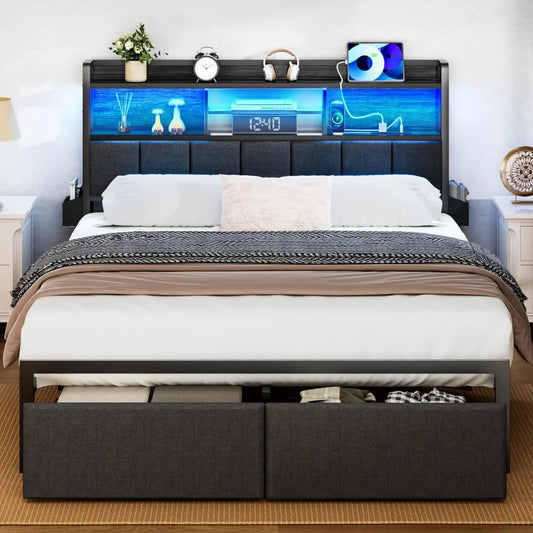 Furnulem Queen Bed Frame with Storage Drawers, Upholstered Headboard with Storage Shelf, LED Lights and Charging Station