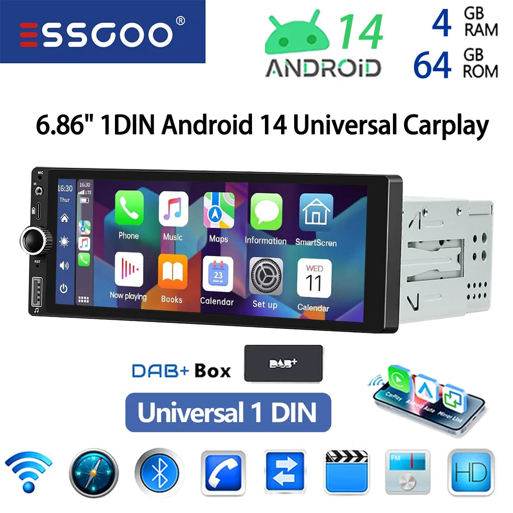 ESSGOO 6.86" Android 14 1 DIN 4+64G Car Stereo Radio Carplay Android Auto 1DIN GPS NAV Wifi BT RDS WIFI BT USB Type-C Universal