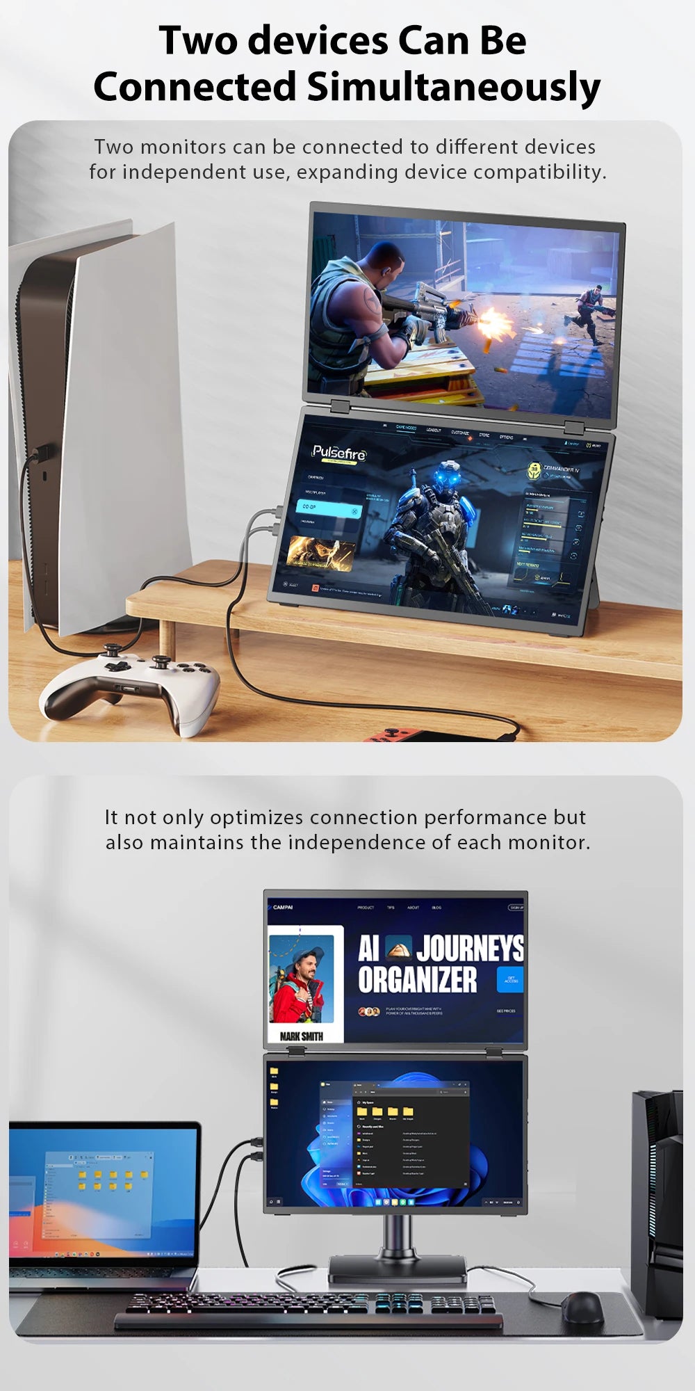 EVICIV 15.6" Dual Portable Monitor for Laptop Screen Extender 1080P HDR 360° Folding Stacked Triple Monitor with Stand for PC