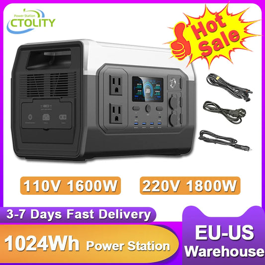 CTOLITY Portable Power Station Outdoor 1024Wh Lifepo4 110V 220V AC Pure Sinve Wave Camping Solar Generator for Garden Party New