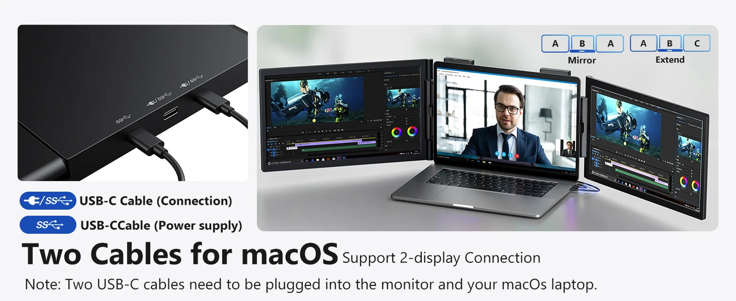 Amoudo 14 Inch 1920*1080P Dual Laptop Monitor IPS Portable Triple Monitor with USB-C Port for 14-16.5" Laptops Windows/Mac Xbox