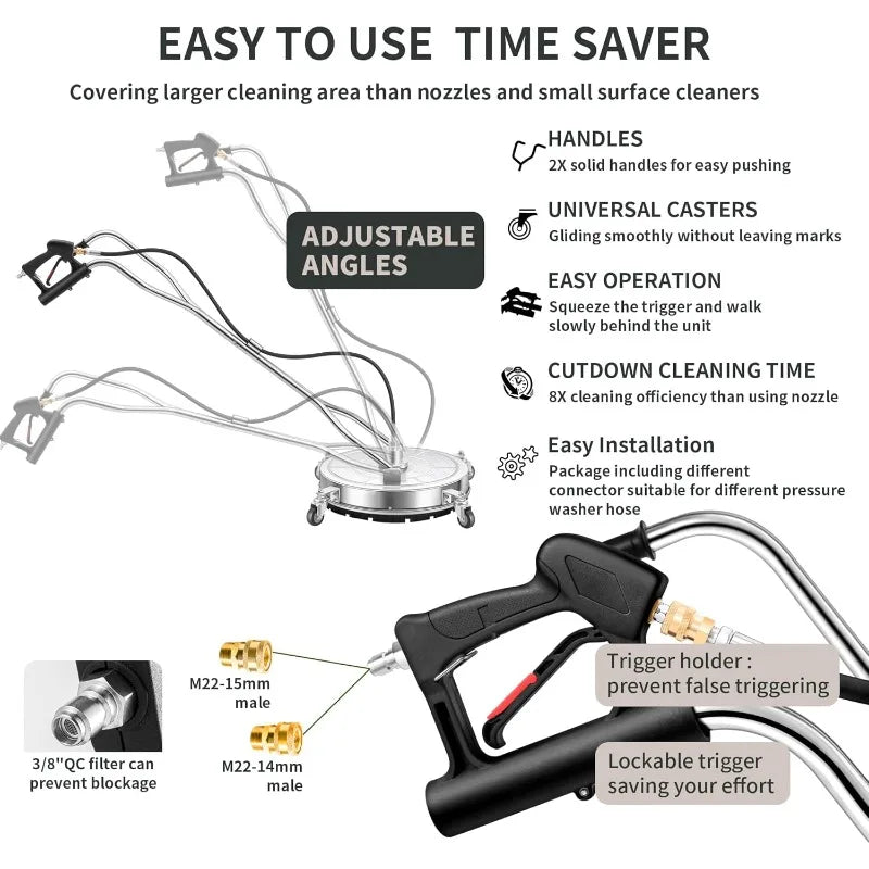 Washer Surface Cleaner with 4 Wheels - Stainless Steel Dual Handle Surface Cleaner for Pressure Washer Attachment f
