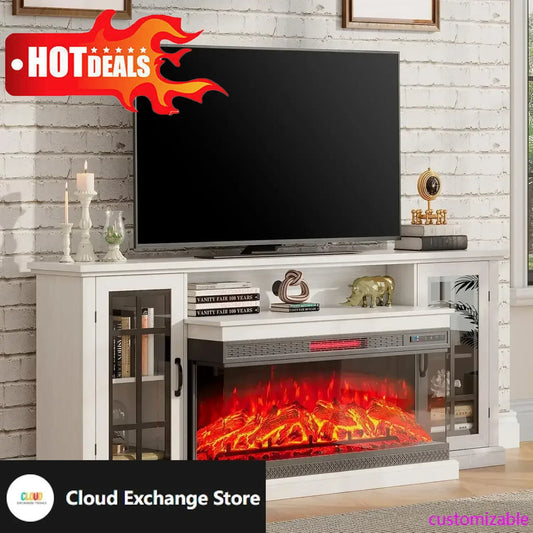 75in 3-Sided Glass Fireplace TV Stand for TVs up to 85", Rustic Media Entertainment Center Console Table , Distressed White