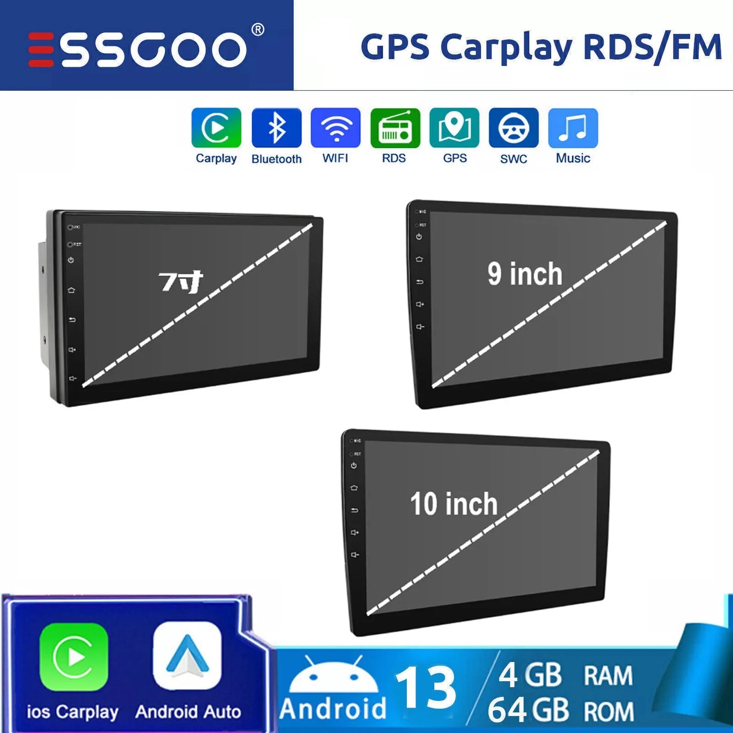 ESSGOO 7"/9"/10“ 2 DIN Android 14 4+64G Car Stereo Carplay Android Auto GPS Navi Bluetooth FM RDS Radio WIFI Touchscreen ChatGPT