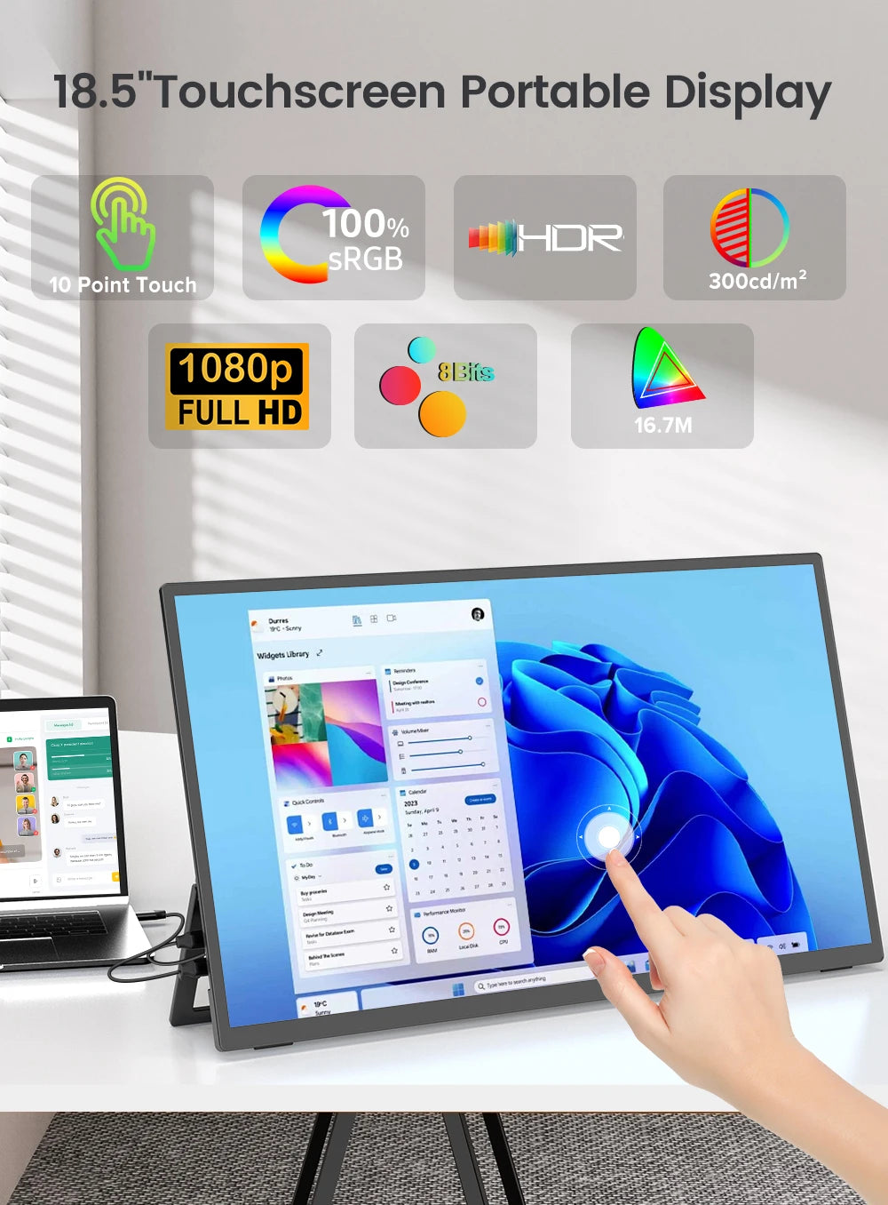 UPERFECT 18.5" Touchscreen Smart Portable Monitor with Metal Frame FreeSync 100%sRGB HDR 120Hz Gaming Screen Extender for Laptop