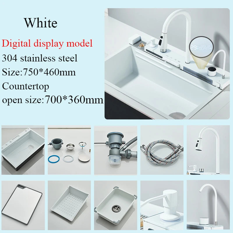 304 Stainless Steel Waterfall Kitchen Sink Large Single Slot Integrated Digital Display Faucet Set Soap Dispenser Cup Washer