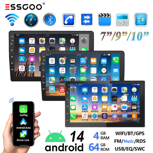 ESSGOO 7"/9"/10“ 2 DIN Android 14 4+64G Car Stereo Carplay Android Auto GPS Navi Bluetooth FM RDS Radio WIFI Touchscreen ChatGPT