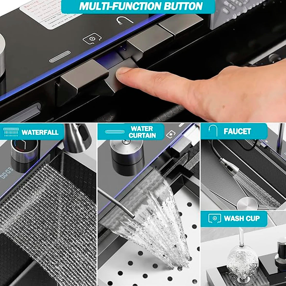 Kitchen Sink Faucet Large Integrate Digital Display Multi-Function Buttons Waterfall Soap Dispenser Cup Washer Kitchen Sink