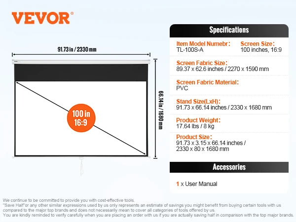 SucceBuy Manual Pull Down Projector Screen 100 inch 16:9 4K 1080 HD Retractable Projector Screen for Family Home Office Theater