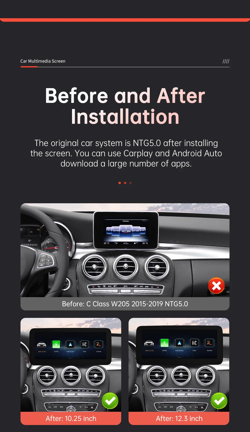 Linux Multimedia Screen Wireless CarPlay Android Auto for Mercedes-Benz W205 W176 GLC A C V Class W447 CLA GLA 2015-2018 NTG5.0