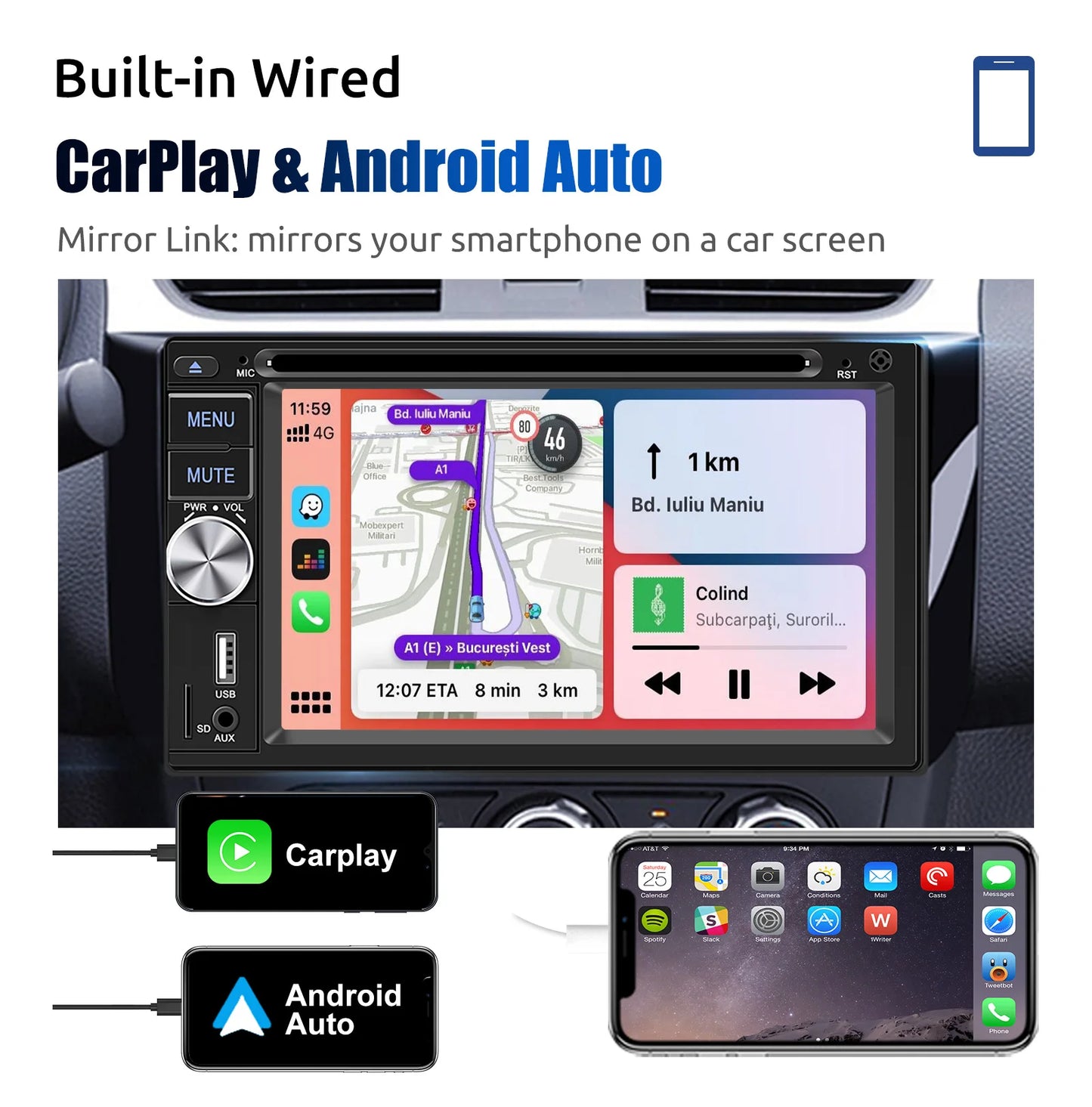 ESSGOO 6.2 Inch Apple Carplay Android Auto Double 2 DIN Car Stereo Radio CD DVD Player AUX FM Bluetooth USB MP5 Mirror Link