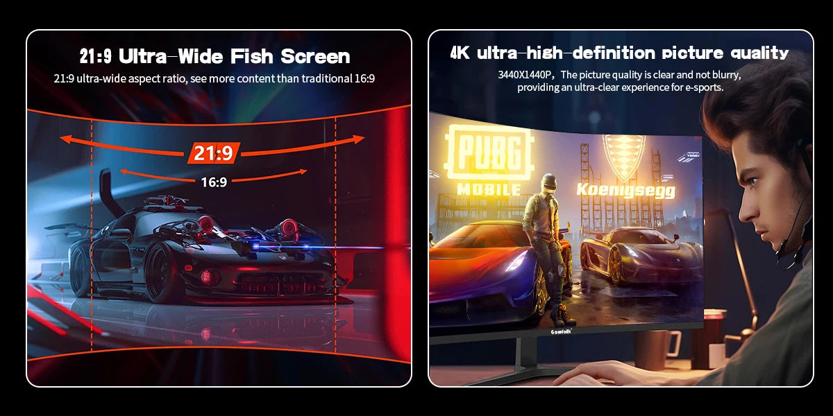 Gawfolk Monitor 34'' 144Hz Bandfish Screen Curved 1500R Gaming Bezel-less Slim 400HDR Nits 100% SRGB Wide Color Gamut FAsT VA Te