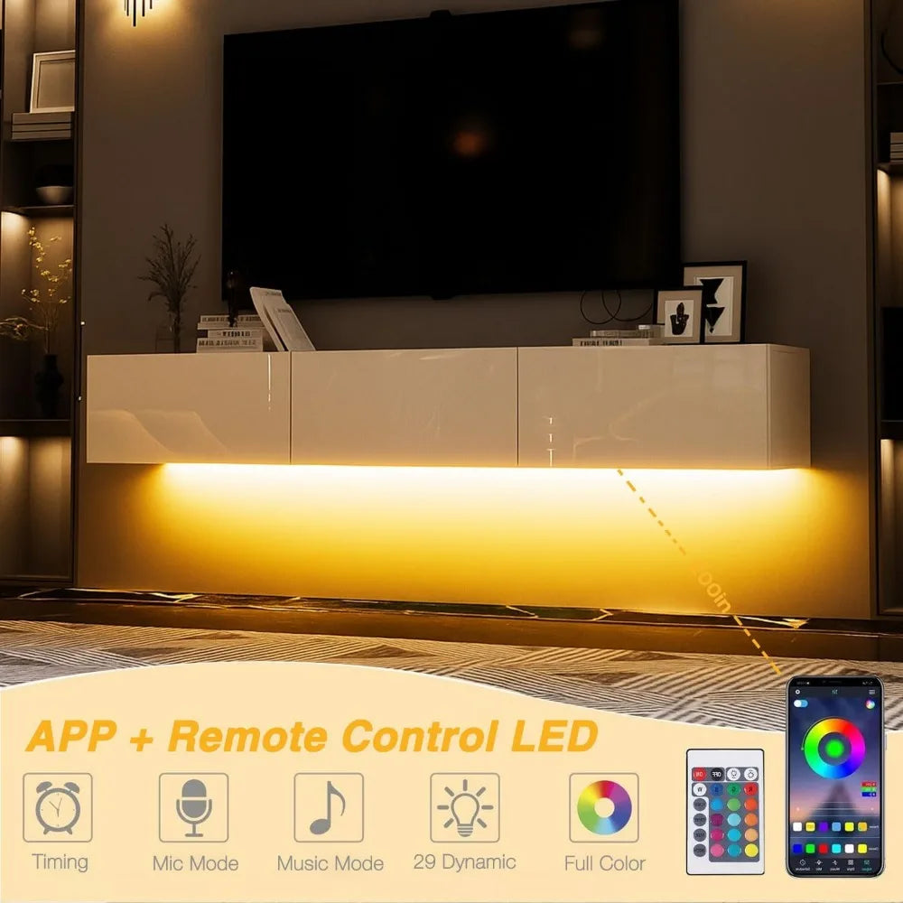 modern white high gloss wall-mounted tv stand with led lighting for 70" tvs, sleek entertainment center for living room