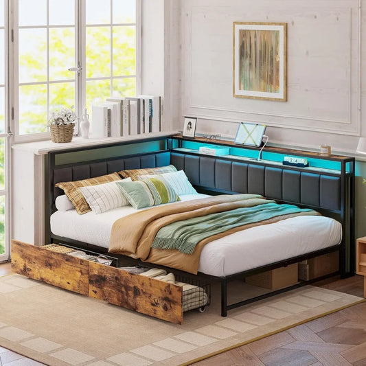 LED Twin Size Bed Frame with Storage Drawers, Metal Platform Beds Frames Charging Station & Fabric Upholstered Fence, Bed Frame