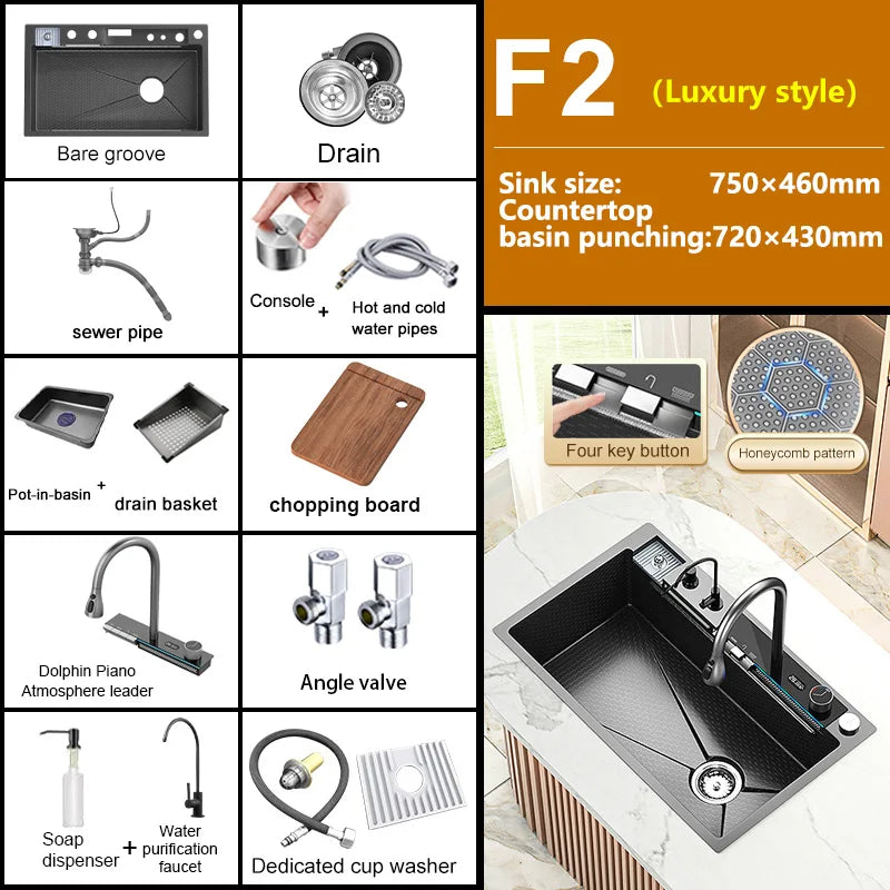 Stainless Steel Waterfall Kitchen Sink Large Single Slot With Digital Display Faucet Apartment Multifunctional Wash Basin