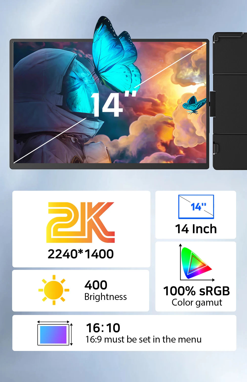 UPERFECT 14" 2K Triple Portable Monitor 2240x1400 QHD IPS Dual Display with Rotation Kickstand Laptop Screen Extender for MacOS