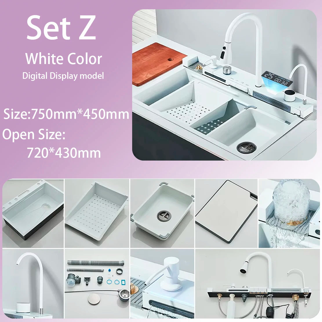 Kitchen Sink Faucet Large Integrate Digital Display Multi-Function Buttons Waterfall Soap Dispenser Cup Washer Kitchen Sink