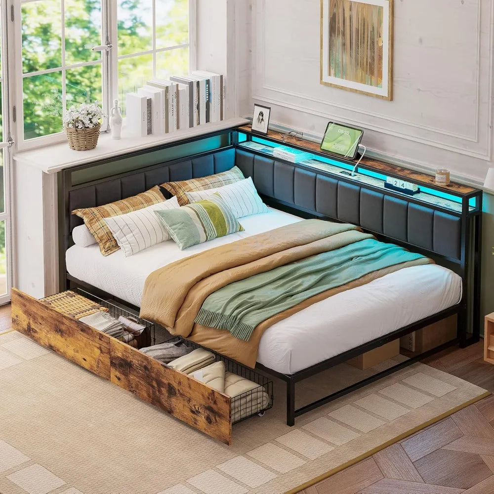 LED Twin Size Bed Frame with Storage Drawers, Metal Platform Beds Frames Charging Station & Fabric Upholstered Fence, Bed Frame