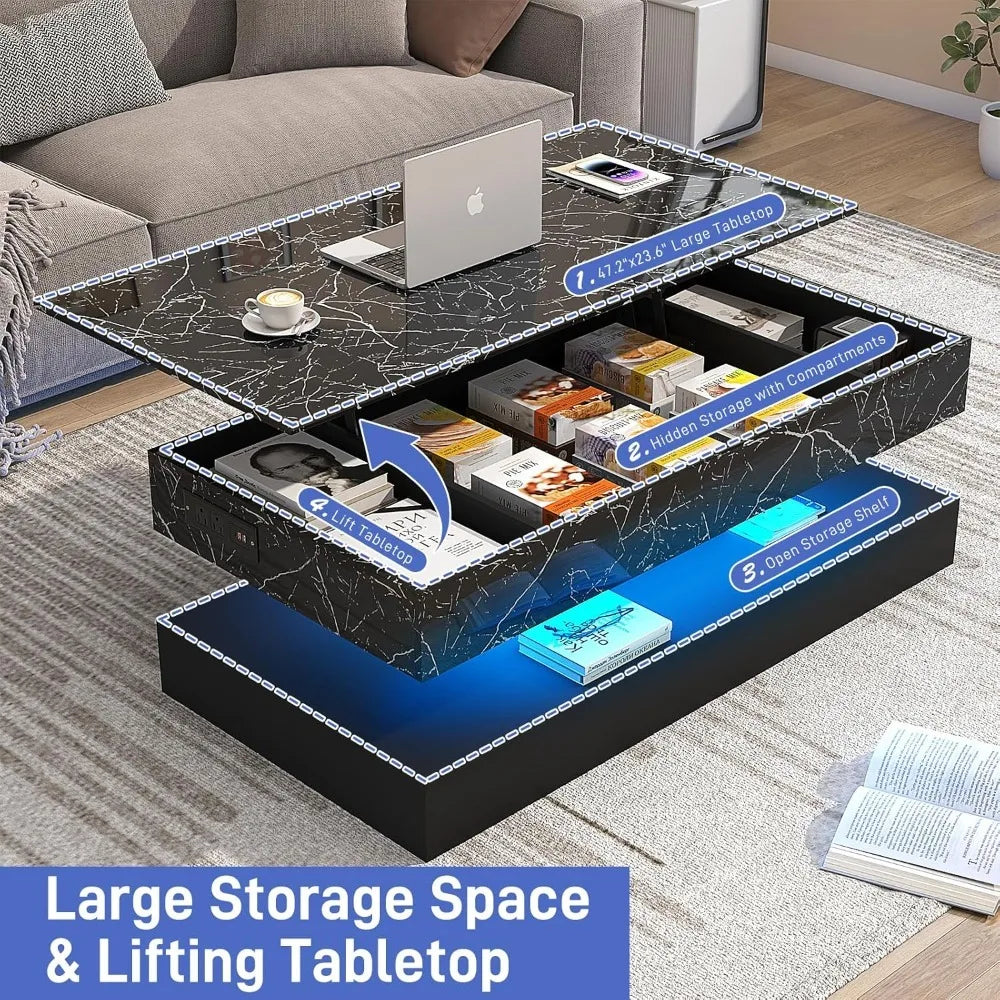 47.2" Large Lift Top Coffee Table with Charging Station, LED Modern High Glossy Center Table with Hidden Compartment Storage, Wh