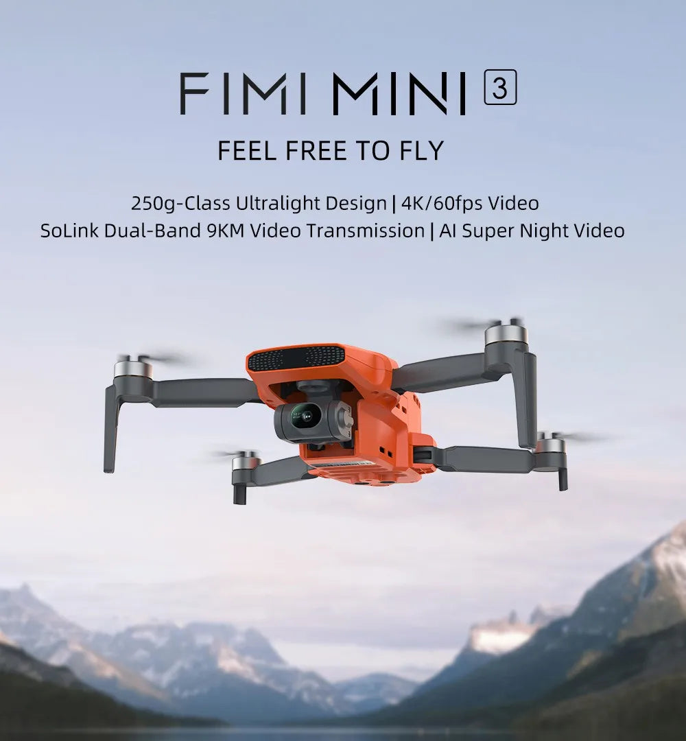 FIMI Mini 3 4K GPS drone with 3-Axis Gimbal 249g 4K/60FPS 48MP 9KM Transmission 64-Min Flight Time Super Night Video Auto Return