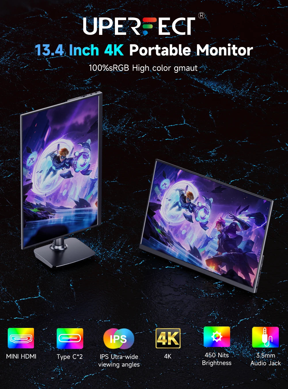 UPERFECT 4K Portable Monitor 13.4" 3840 * 2400 IPS HDMI USB C Computer Gaming Display Extenal Screen For Laptop PC Phone Switch