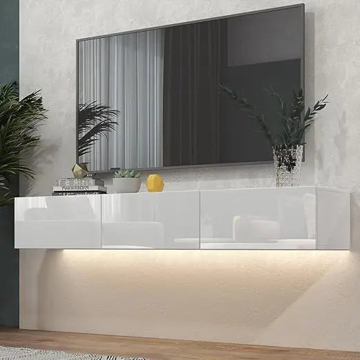modern white high gloss wall-mounted tv stand with led lighting for 70" tvs, sleek entertainment center for living room