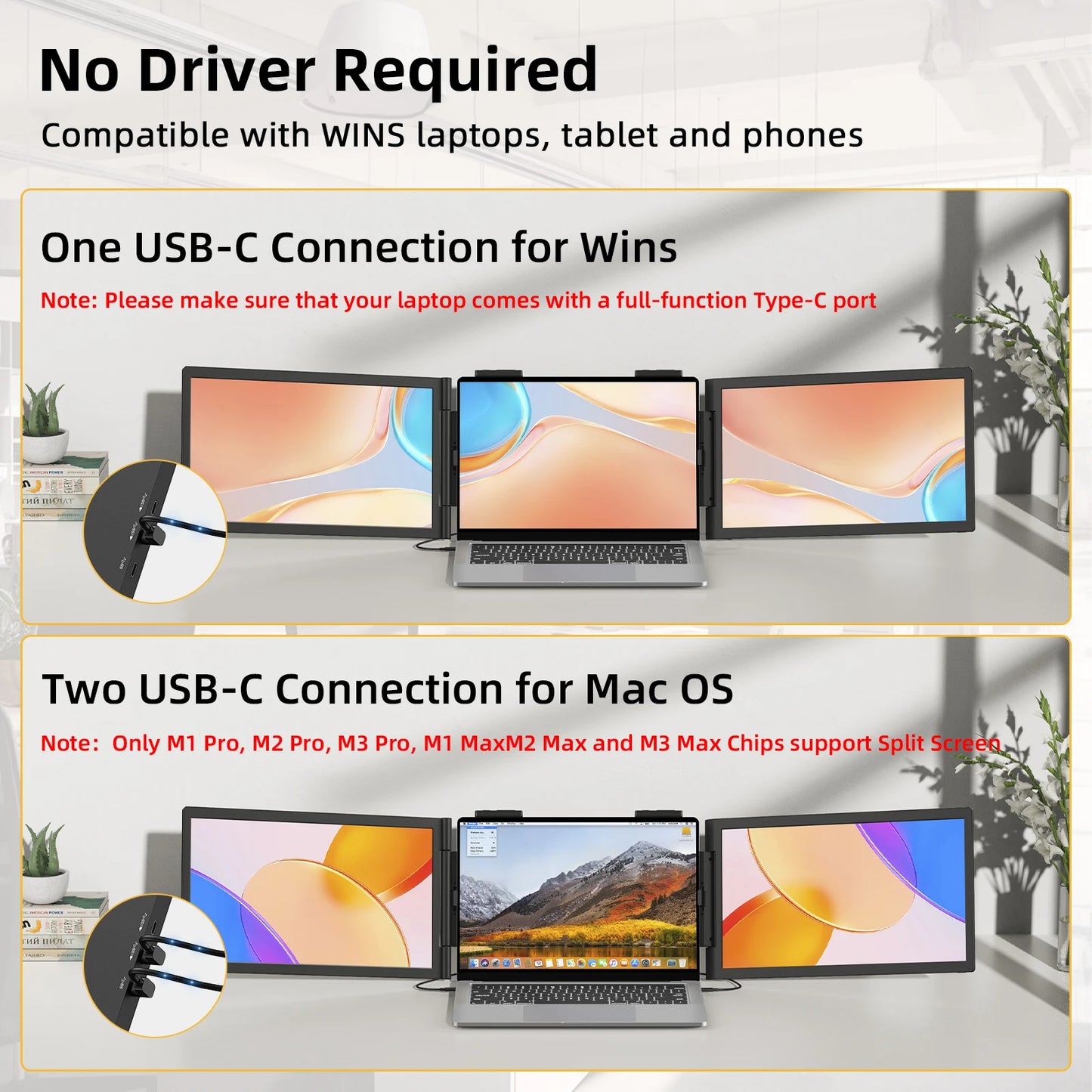 Amoudo 14 Inch 1920*1080P Dual Laptop Monitor IPS Portable Triple Monitor with USB-C Port for 14-16.5" Laptops Windows/Mac Xbox