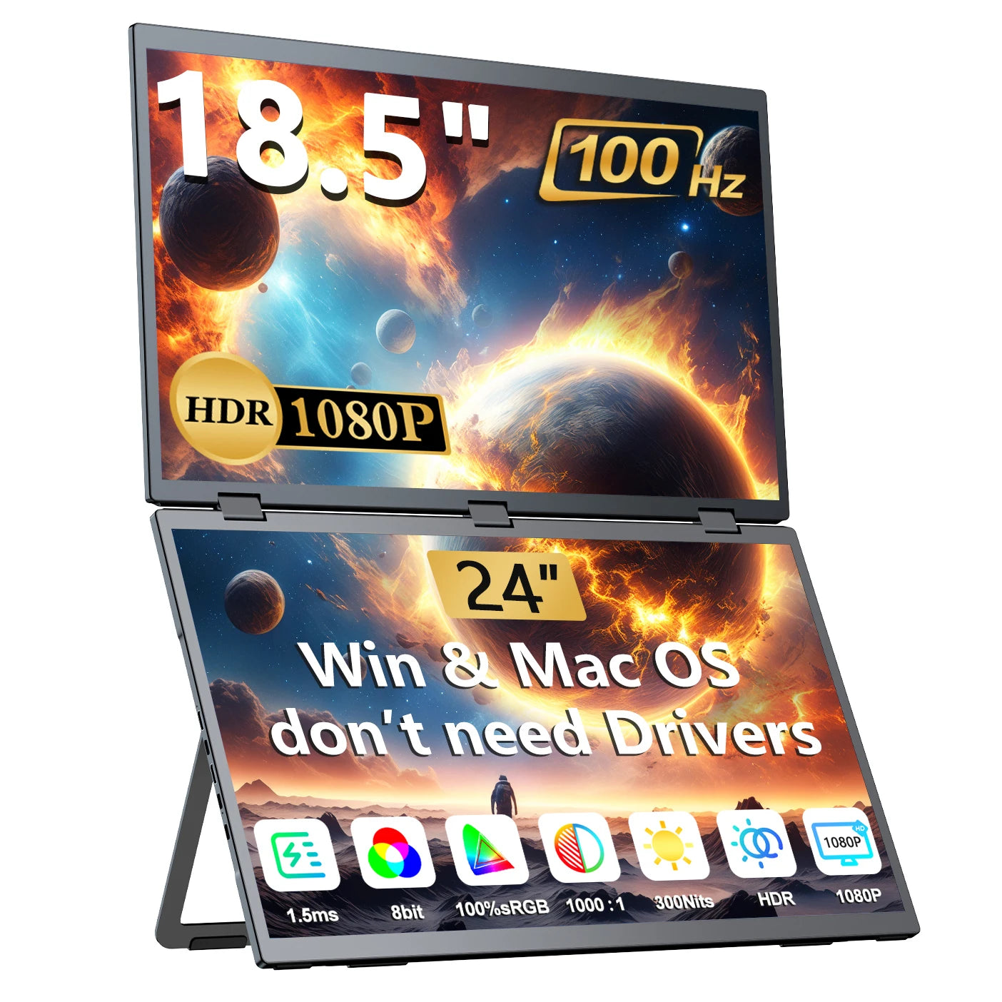 18.5" Triple Portable Monitor 100Hz 1080P Large Folding Stacked External Mobile Computer Display for Laptop PC Phone Game Consol