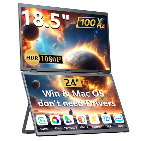 18.5" Triple Portable Monitor 100Hz 1080P Large Folding Stacked External Mobile Computer Display for Laptop PC Phone Game Consol