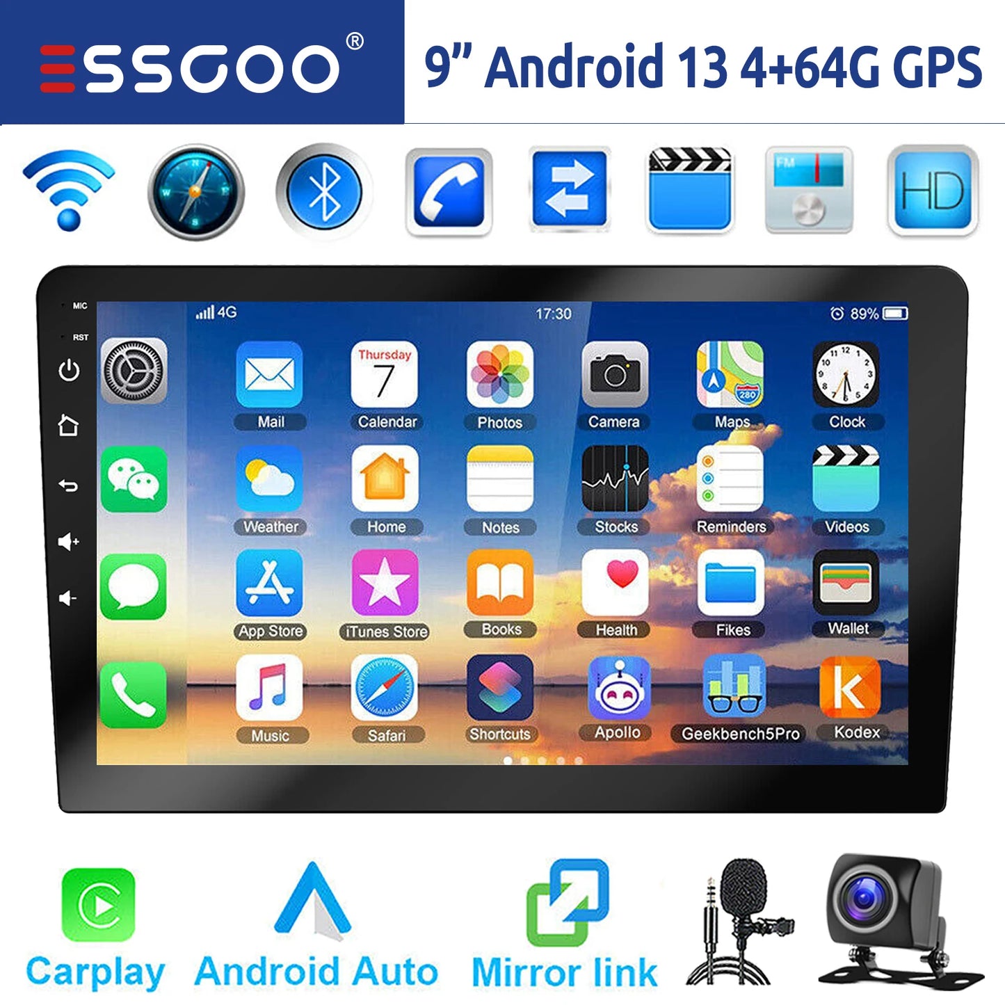 ESSGOO 7"/9"/10“ 2 DIN Android 14 4+64G Car Stereo Carplay Android Auto GPS Navi Bluetooth FM RDS Radio WIFI Touchscreen ChatGPT