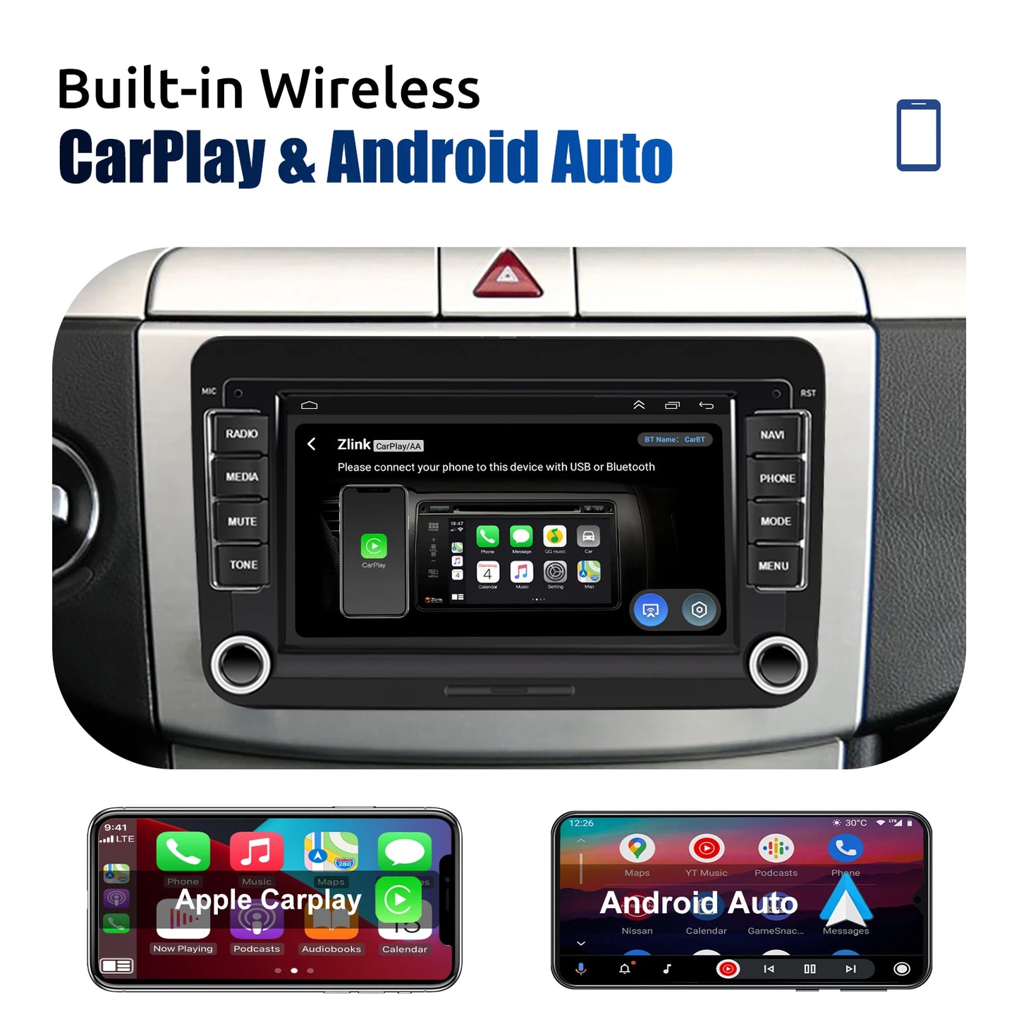 ESSGOO 7" Android 14 4G+64G Apple Carplay Car Stereo GPS NAVI WIFI RDS FM BT for VW Golf 5 6 Passat Polo Touran Tiguan Caddy EOS